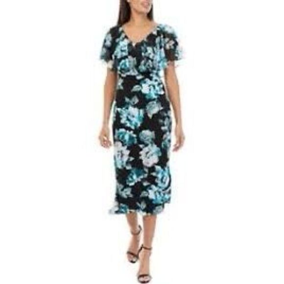 Connected Apparel 12 Ruffle Chest Floral Midi Dress Black Blue Wedding Guest NWT - Picture 1 of 15